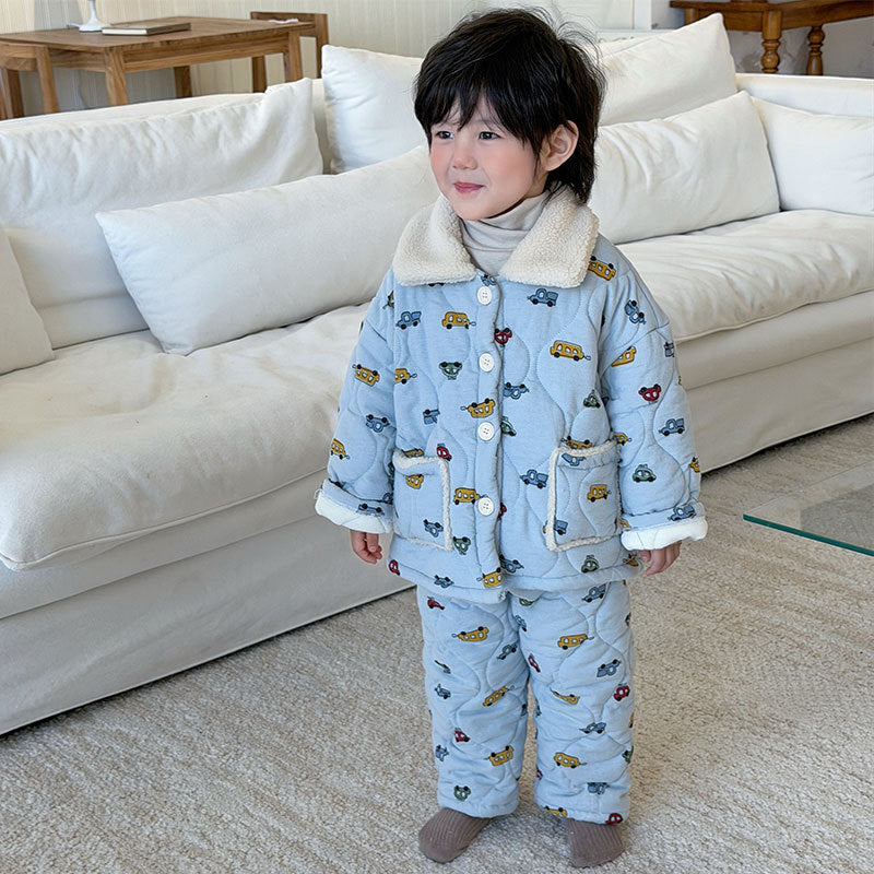 Gefüttertes Kinder-Pyjama-Set, 3-lagig, warm für den Winter