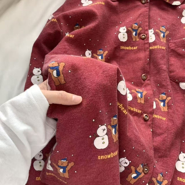 Damen-Pyjama-Set, Flanell-Optik, Langarm, mit Weihnachtsmotiv