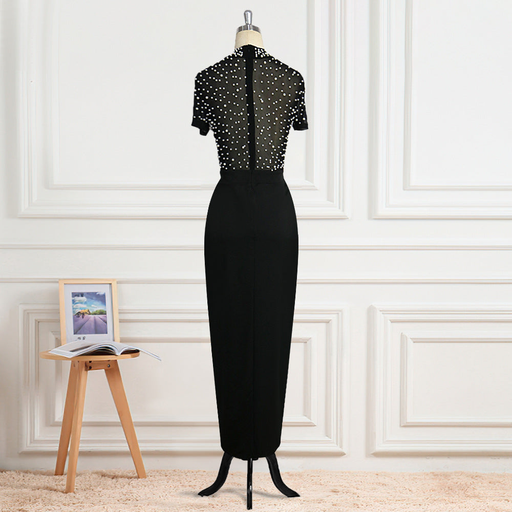 Damen elegantes Maxikleid mit transparentem Oberteil und schimmernden Perlen Echo Archiv