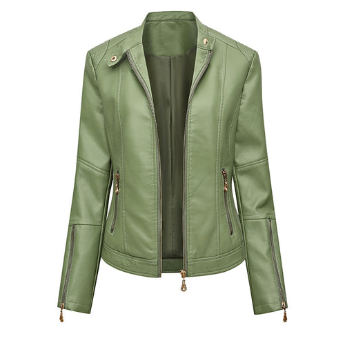 Damen Figurbetonte Kunstleder-Bikerjacke mit Stehkragen, taillierten Nähten und Reißverschlusstaschen Echoarchiv
