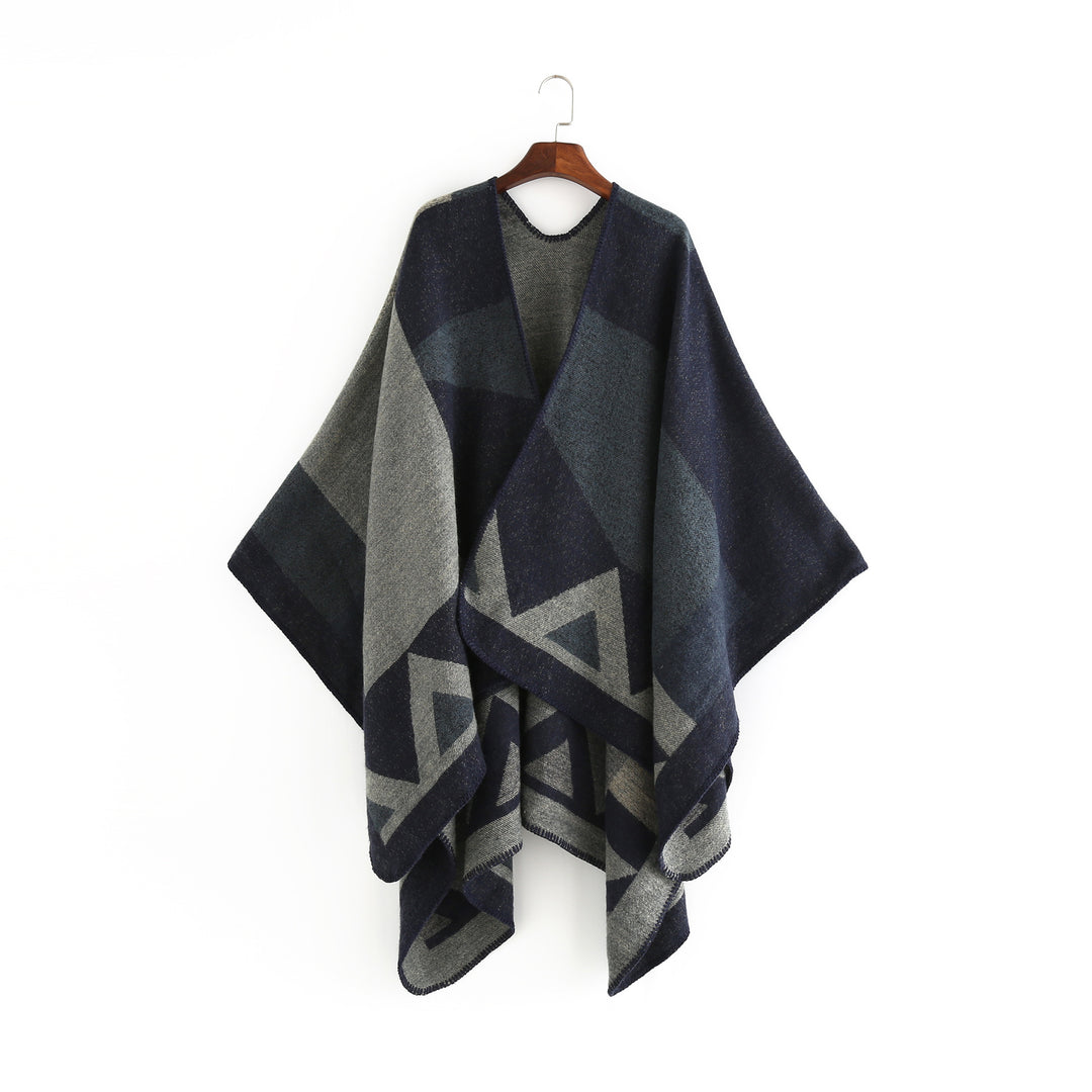 Damen Oversize-Ruana aus Wollmix mit geometrischem Intarsia und offenem Kimono-Fall – Avérine