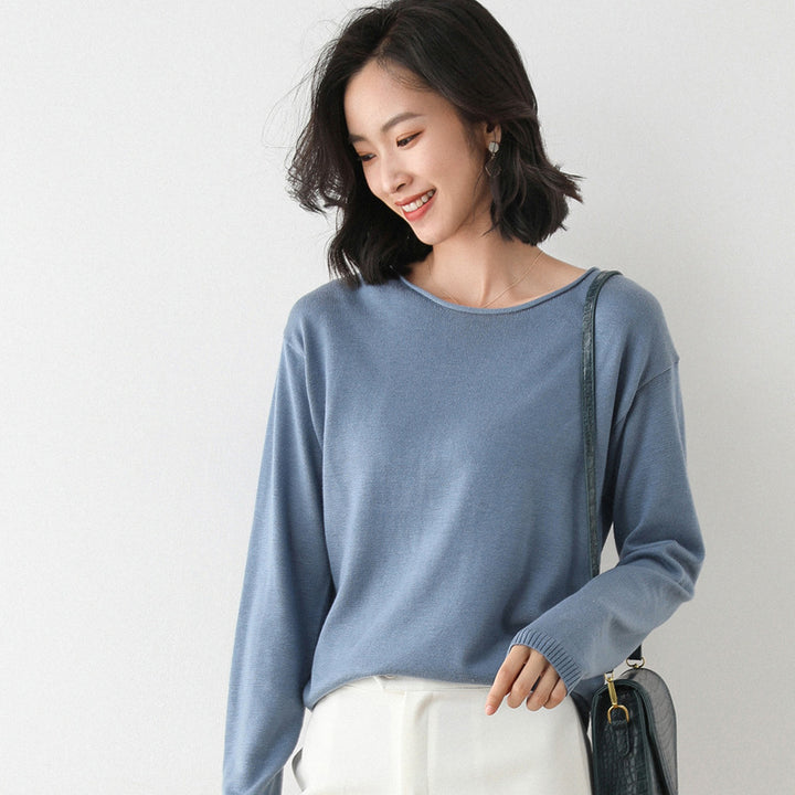 Damen Leichter Feinstrick-Pullover mit weitem Rundhalsausschnitt und legerem Schnitt Echoarchiv