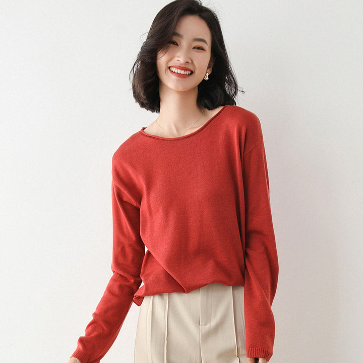 Damen Leichter Feinstrick-Pullover mit weitem Rundhalsausschnitt und legerem Schnitt Echoarchiv