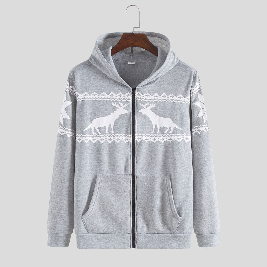 Herren Kapuzenjacke mit kunstvollem Rentier-Design und weichem Innenfutter Echoarchiv