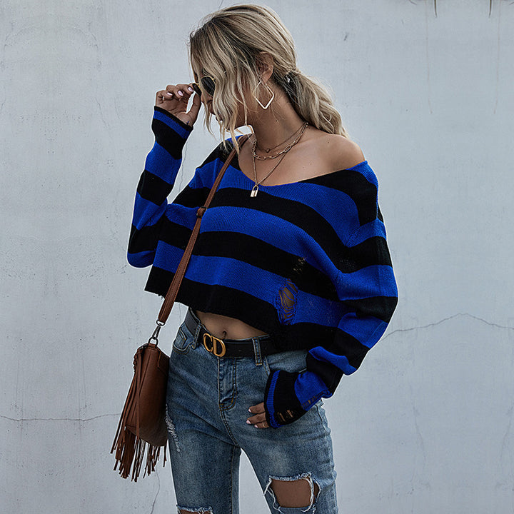 Damen Lässiger Crop-Pullover mit Streifen und Destroyed-Details Echo Archiv