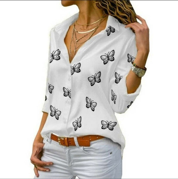 Damen nan lockere Longbluse mit Schmetterlingsprint und Hemdkragen Echo Archiv