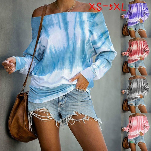 Damen Schulterfreies Batik-Langarmshirt mit weitem Oversize-Schnitt Echoarchiv