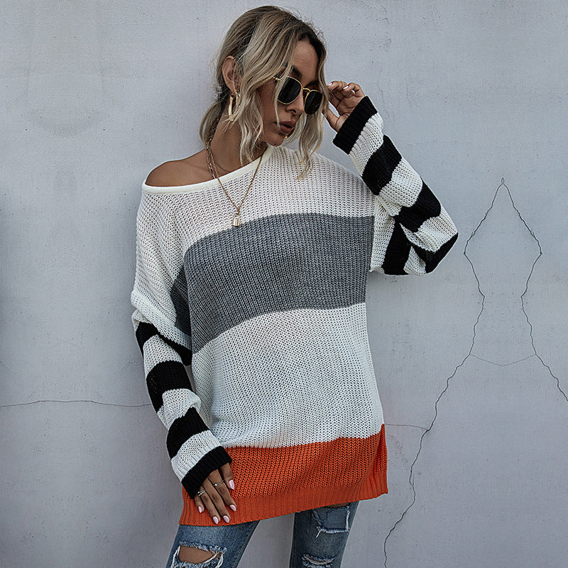 Damen Oversize-Feinstrickpullover im Blockdesign mit Off-Shoulder, gestreiften Ärmeln und geripptem Saum Echoarchiv