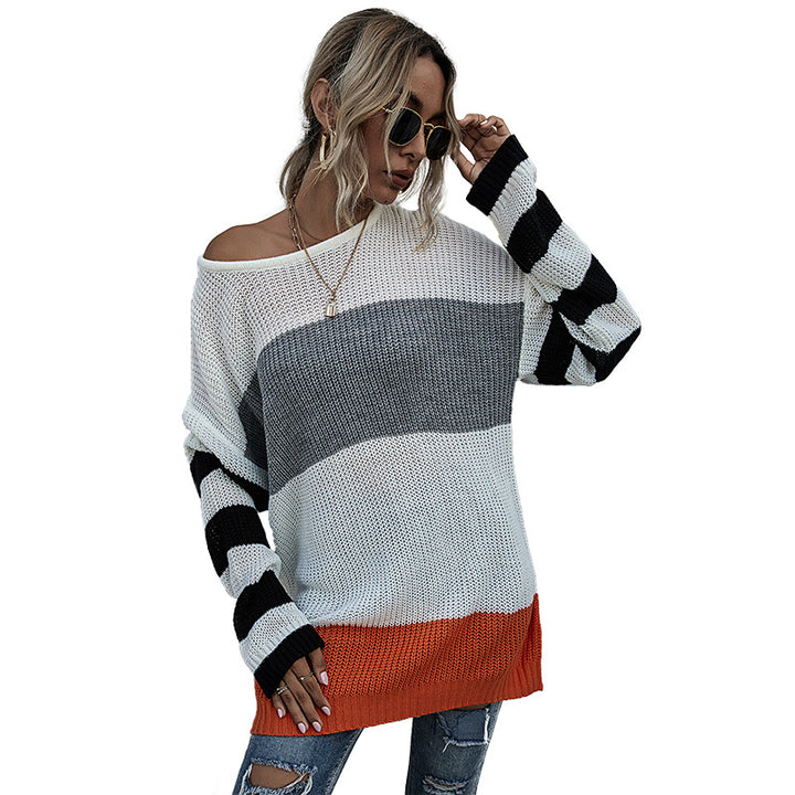 Damen Oversize-Feinstrickpullover im Blockdesign mit Off-Shoulder, gestreiften Ärmeln und geripptem Saum Echoarchiv