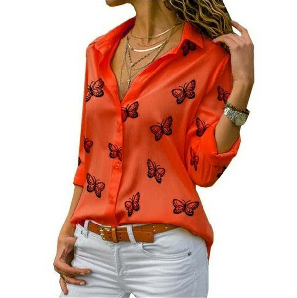 Damen nan lockere Longbluse mit Schmetterlingsprint und Hemdkragen Echo Archiv