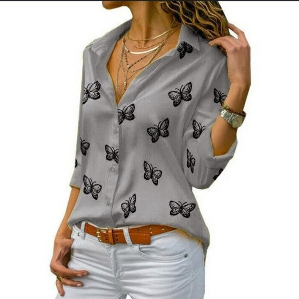 Damen nan lockere Longbluse mit Schmetterlingsprint und Hemdkragen Echo Archiv