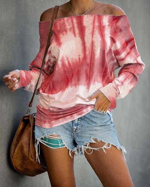 Damen Schulterfreies Batik-Langarmshirt mit weitem Oversize-Schnitt Echoarchiv