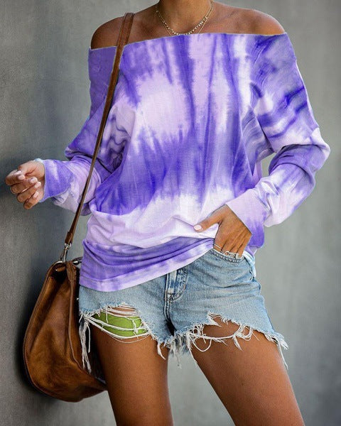 Damen Schulterfreies Batik-Langarmshirt mit weitem Oversize-Schnitt Echoarchiv
