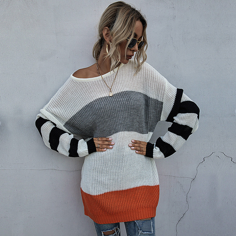 Damen Oversize-Feinstrickpullover im Blockdesign mit Off-Shoulder, gestreiften Ärmeln und geripptem Saum Echoarchiv