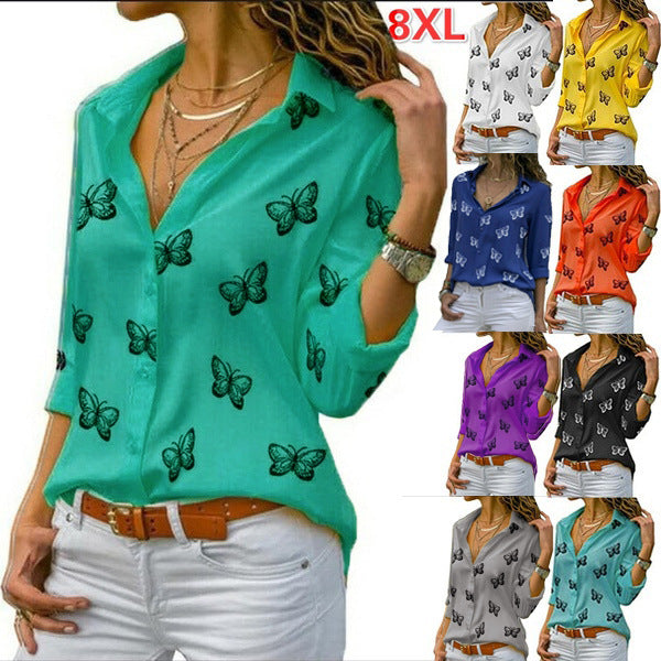 Damen nan lockere Longbluse mit Schmetterlingsprint und Hemdkragen Echo Archiv