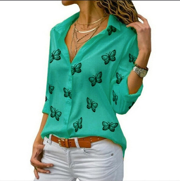 Damen nan lockere Longbluse mit Schmetterlingsprint und Hemdkragen Echo Archiv