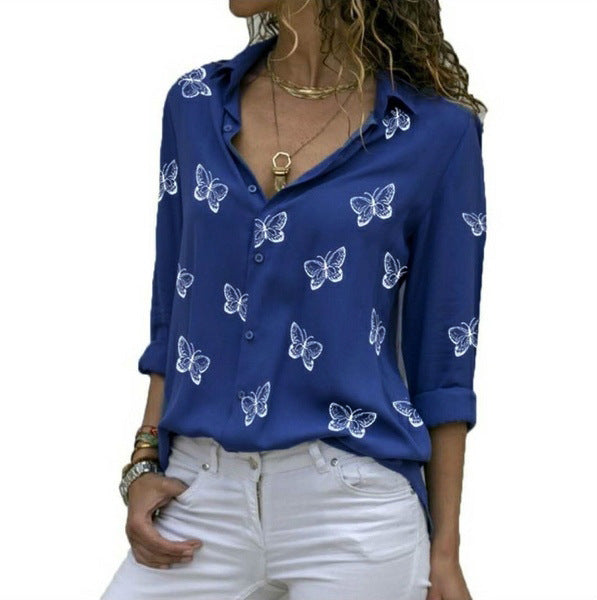 Damen nan lockere Longbluse mit Schmetterlingsprint und Hemdkragen Echo Archiv