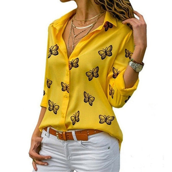 Damen nan lockere Longbluse mit Schmetterlingsprint und Hemdkragen Echo Archiv