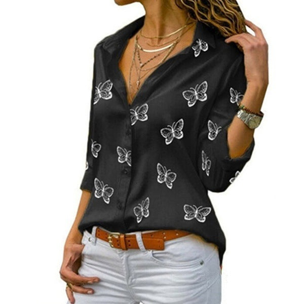 Damen nan lockere Longbluse mit Schmetterlingsprint und Hemdkragen Echo Archiv