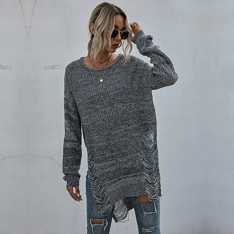 Damen Grobstrick-Longpullover mit seitlichen Fransen und geripptem Saum Echoarchiv