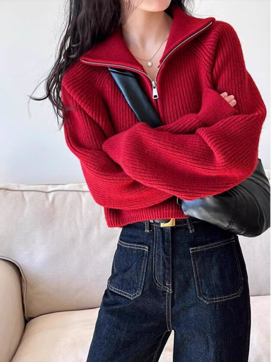 Amerikanischer Retro-Strickpullover mit halbem Reißverschluss