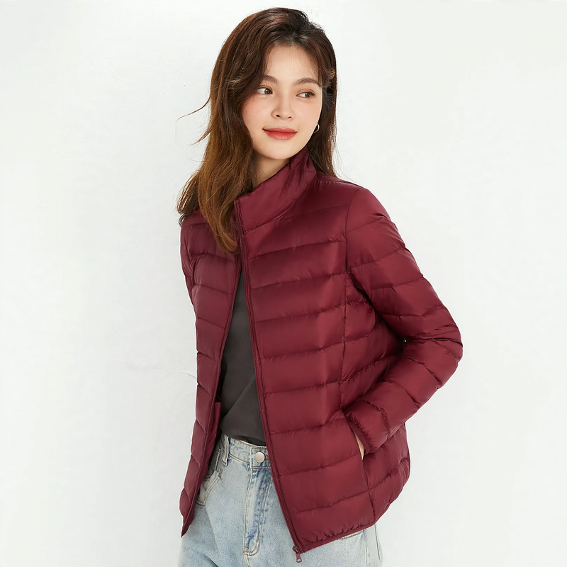 Leichte Daunenjacke für Damen, Stehkragen, weiß, Entendaune