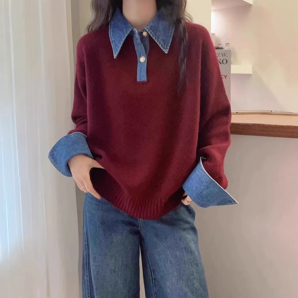 Damen-Strickpullover mit Polo-Kragen und Jeans-Ärmeln