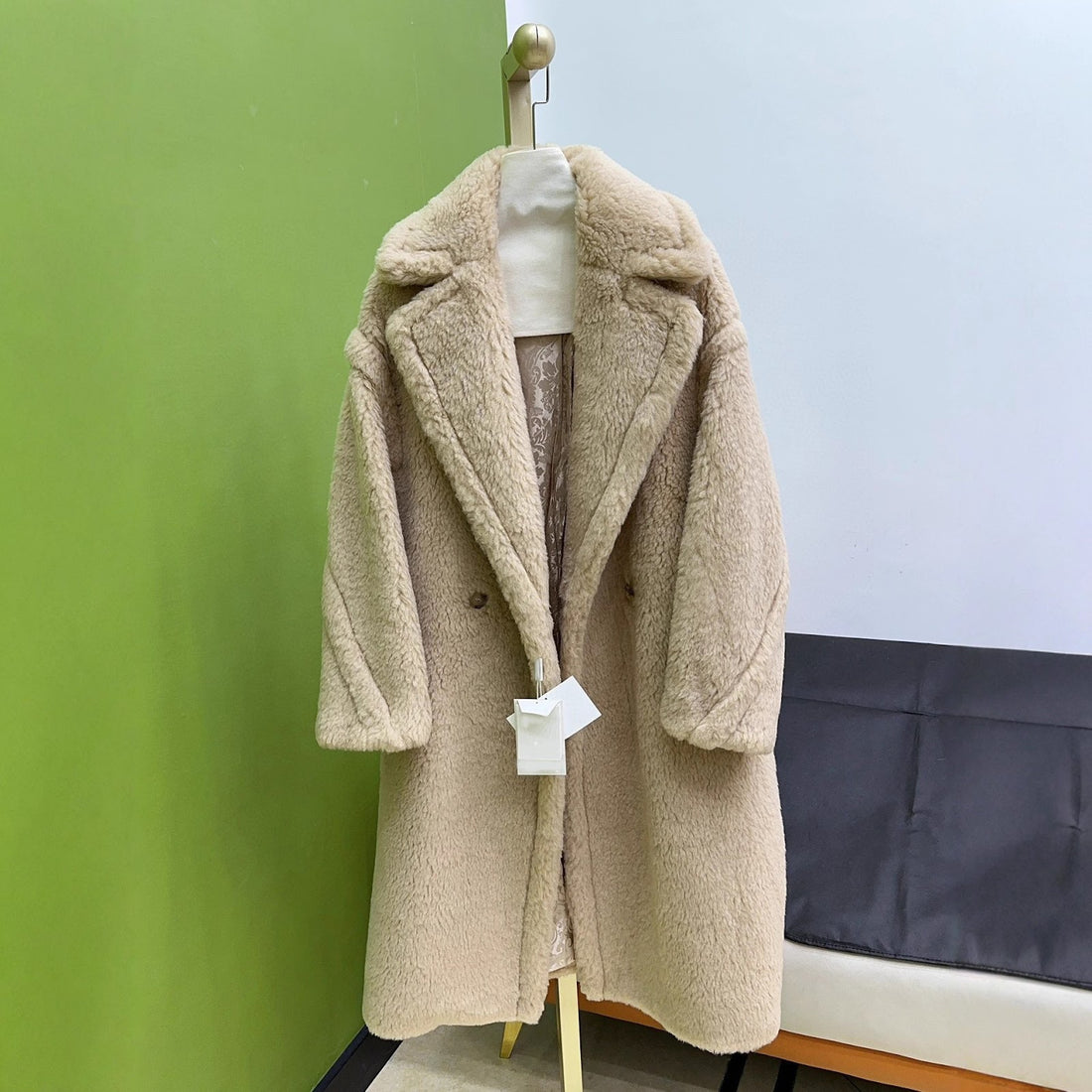 Damen-Teddy-Mantel aus Alpakawolle, mittellang
