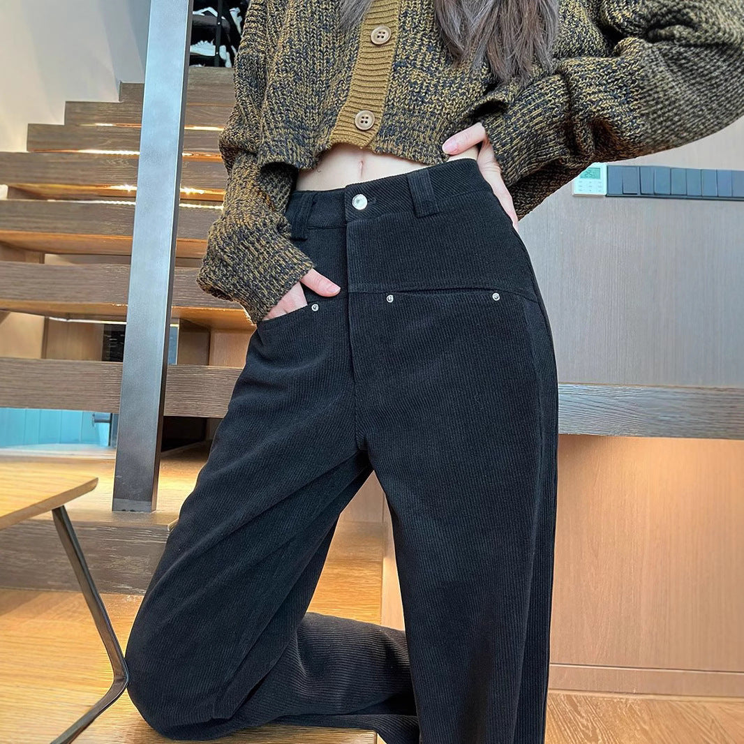 Schwarze Damen-Cordhose, hoch geschnitten