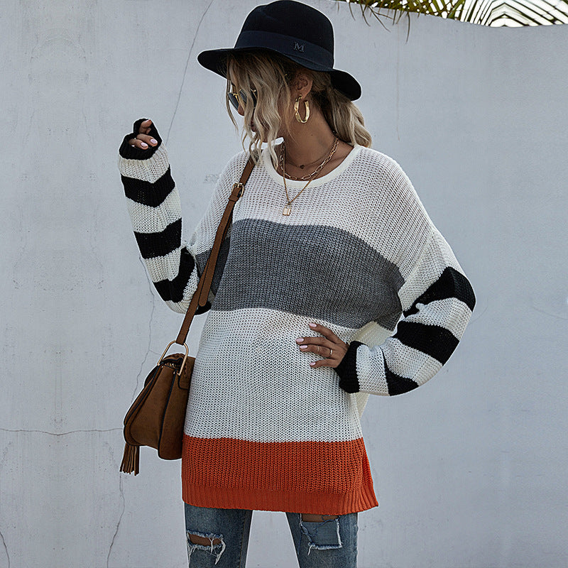 Damen Oversize-Feinstrickpullover im Blockdesign mit Off-Shoulder, gestreiften Ärmeln und geripptem Saum Echoarchiv
