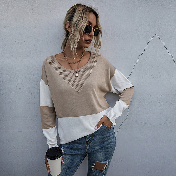 Damen Lässiger Strickpullover mit V-Ausschnitt und Farbblock Echo Archiv
