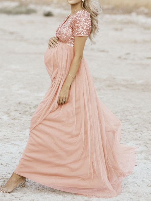 Echoarchiv Schwangerschafts-Chaps Maxi-Fotoshooting-Kleider, elegante Pailletten, Tüll, Rosa, Babyparty