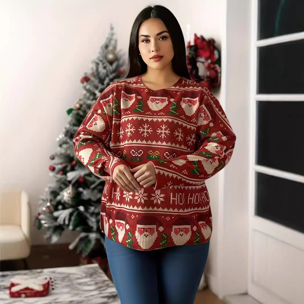 Lockerer Damen-Pullover mit Weihnachtsmann-Print