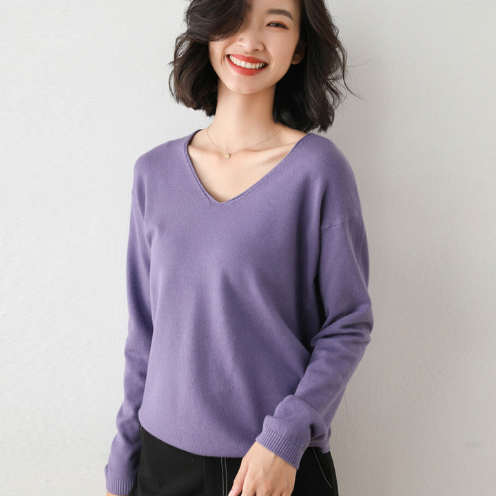 Damen Lässiger Feinstrick V-Ausschnitt Pullover mit überschnittenen Schultern Echoarchiv