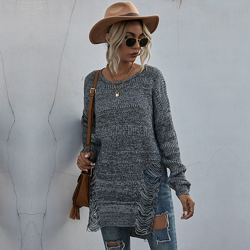 Damen Grobstrick-Longpullover mit seitlichen Fransen und geripptem Saum Echoarchiv