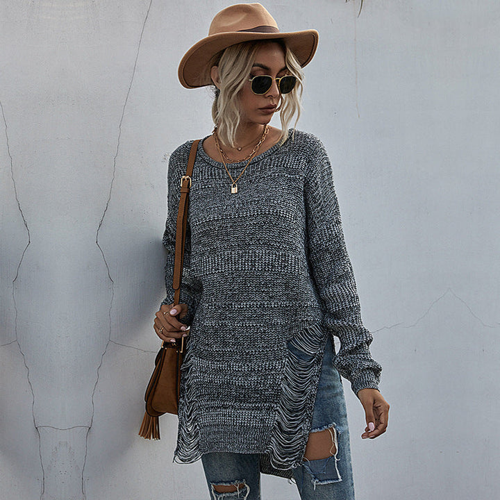 Damen Grobstrick-Longpullover mit seitlichen Fransen und geripptem Saum Echoarchiv