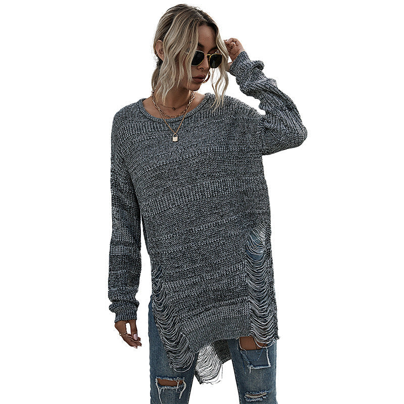 Damen Grobstrick-Longpullover mit seitlichen Fransen und geripptem Saum Echoarchiv