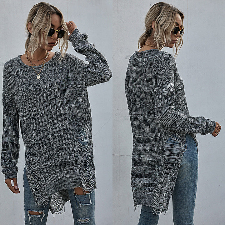 Damen Grobstrick-Longpullover mit seitlichen Fransen und geripptem Saum Echoarchiv