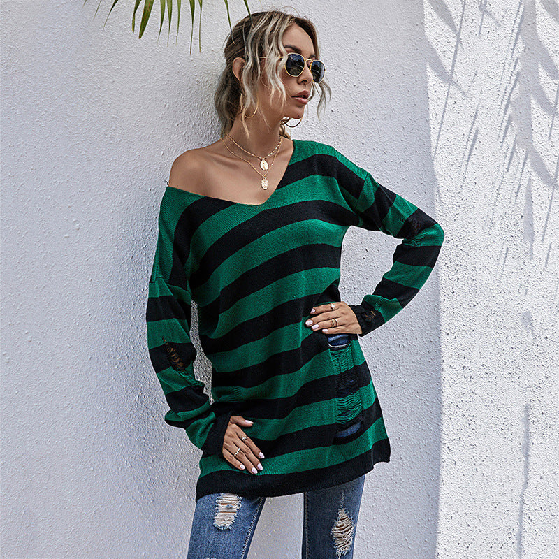 Damen Lässiger Longpullover mit V‑Ausschnitt, Grobstrickstreifen und Löcherdetails Echoarchiv