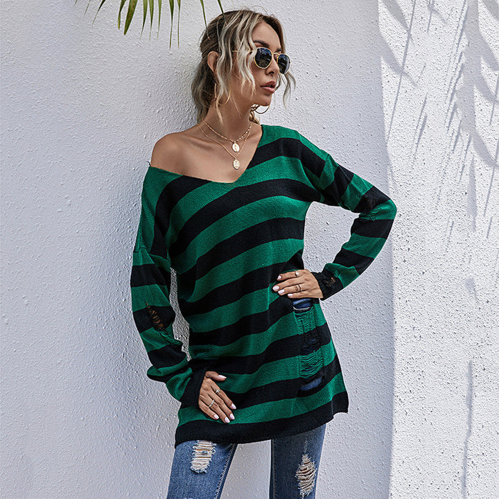 Damen Lässiger Longpullover mit V‑Ausschnitt, Grobstrickstreifen und Löcherdetails Echoarchiv