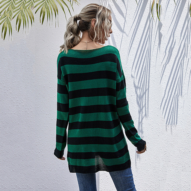 Damen Lässiger Longpullover mit V‑Ausschnitt, Grobstrickstreifen und Löcherdetails Echoarchiv