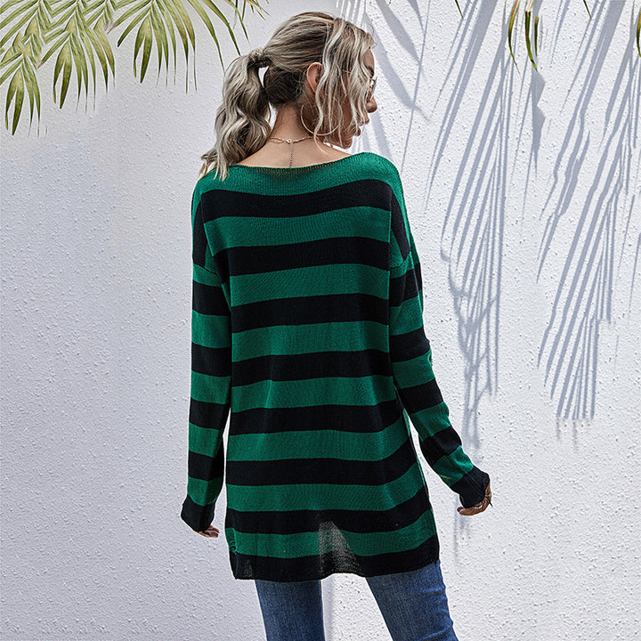 Damen Lässiger Longpullover mit V‑Ausschnitt, Grobstrickstreifen und Löcherdetails Echoarchiv