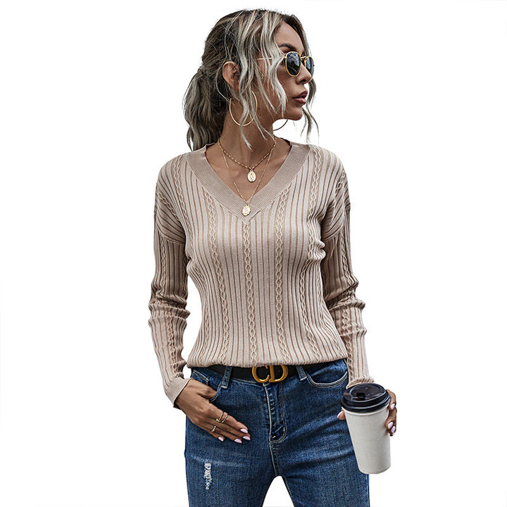 Damen Feiner Rippenstrick-Pullover mit Zopfmuster und V‑Ausschnitt Echoarchiv