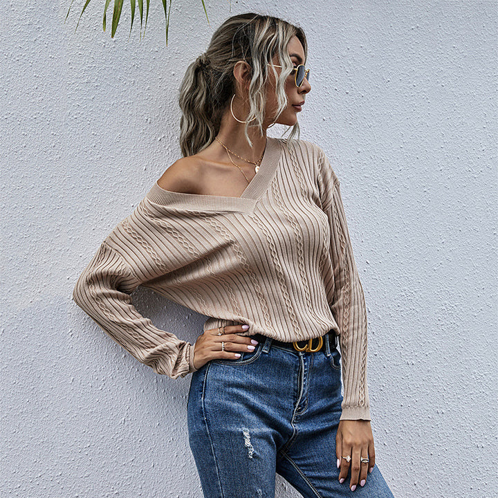 Damen Feiner Rippenstrick-Pullover mit Zopfmuster und V‑Ausschnitt Echoarchiv