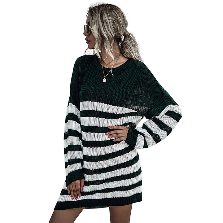 Damen Gestreiftes Strickmidikleid mit Oversize-Passform, Raglanärmeln und gerippten Abschlüssen Echoarchiv