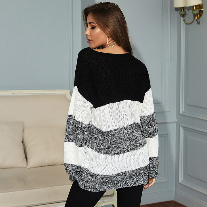 Damen Oversize Longpullover mit Blockstreifen und Rundhalsausschnitt Echoarchiv