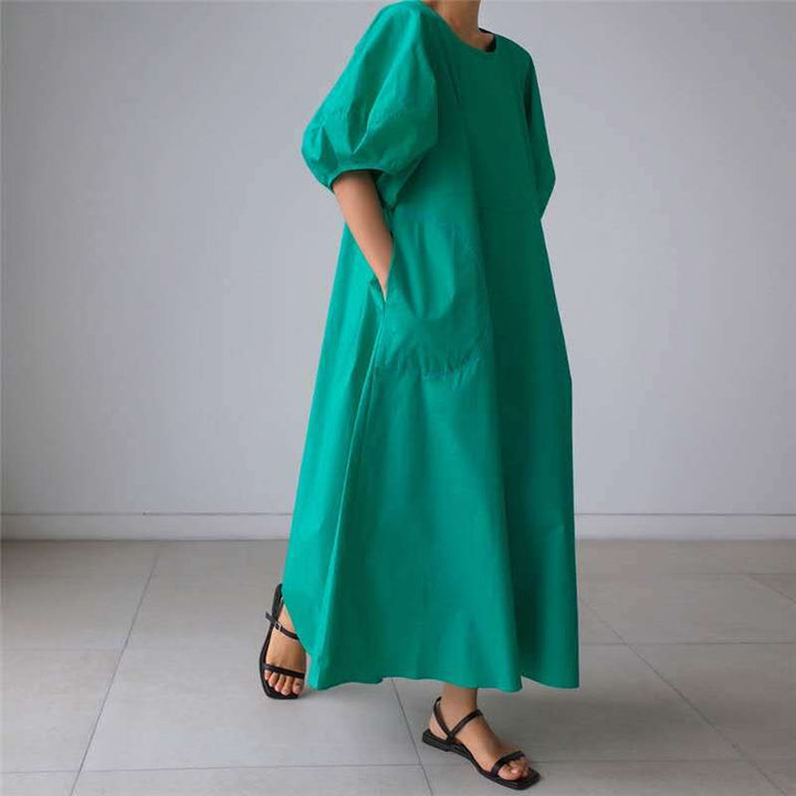 Damen Luftiges Baumwoll‑Poplin Maxi‑Kleid mit voluminösen Puffärmeln, A‑Linien‑Silhouette und Seitentaschen – Valéora