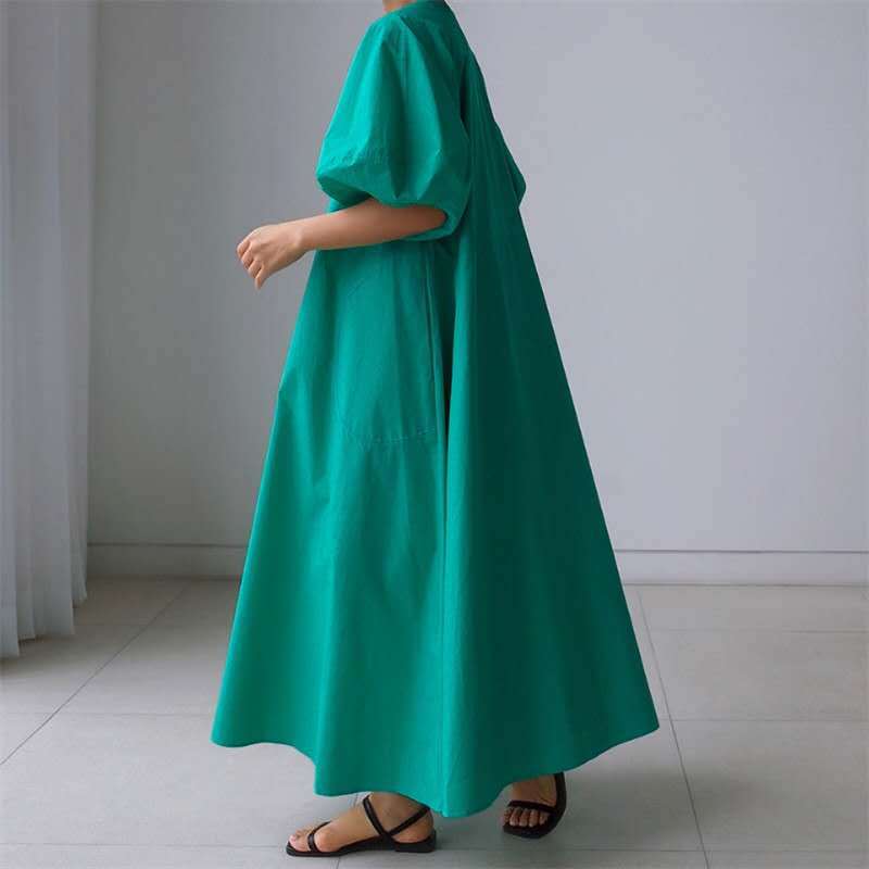 Damen Luftiges Baumwoll‑Poplin Maxi‑Kleid mit voluminösen Puffärmeln, A‑Linien‑Silhouette und Seitentaschen – Valéora