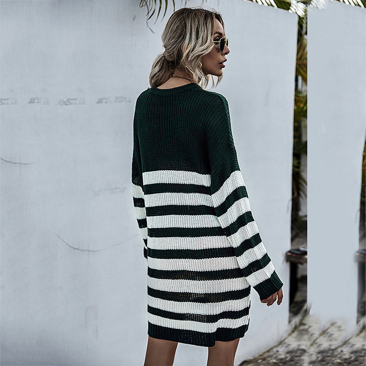 Damen Gestreiftes Strickmidikleid mit Oversize-Passform, Raglanärmeln und gerippten Abschlüssen Echoarchiv
