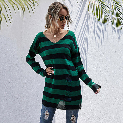 Damen Lässiger Longpullover mit V‑Ausschnitt, Grobstrickstreifen und Löcherdetails Echoarchiv